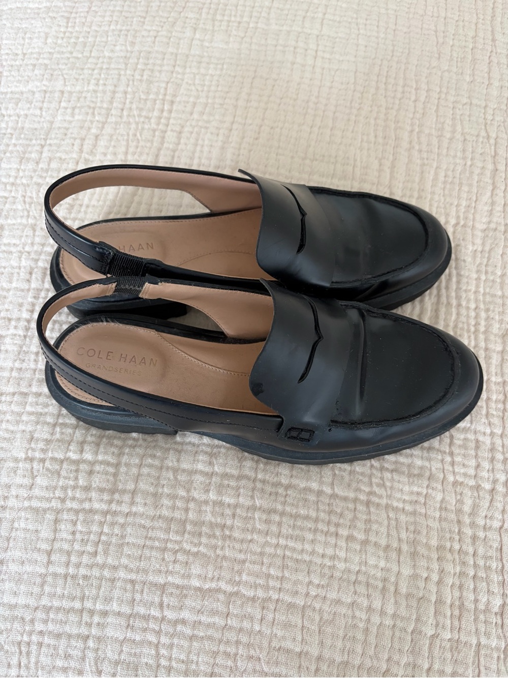 Cole Haan Black Leather Slingback Penny Loafers